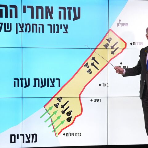 Israeli Prime Minister Benjamin Netanyahu stands before a map of the Gaza Strip during a news conference in Jerusalem on September 2, 2024.